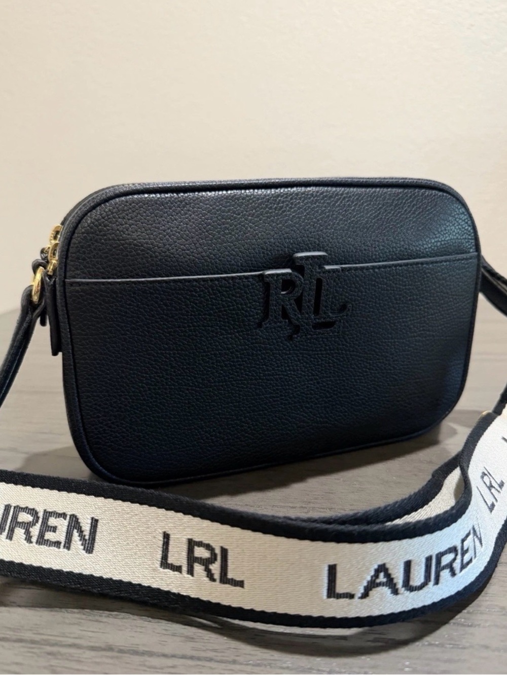 Lauren Ralph Lauren Black Pebbled Leather Crossbody with Branded Canvas Strap